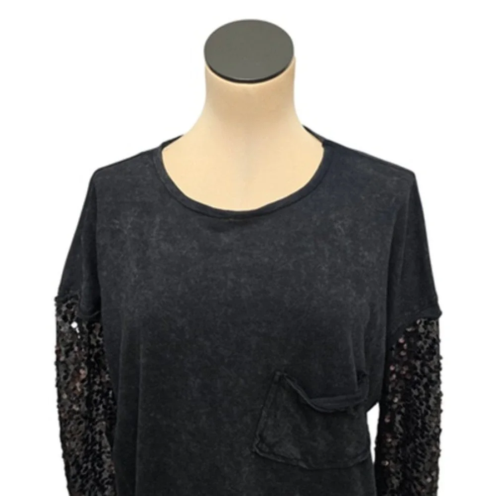 Free‎ People Black Distressed Sequin Sleeve Pocket T-Shirt Top XS